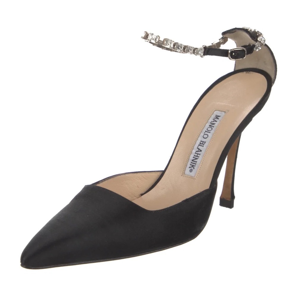 Manolo Blahnik Black Satin Heels with Crystal Ankle Strap